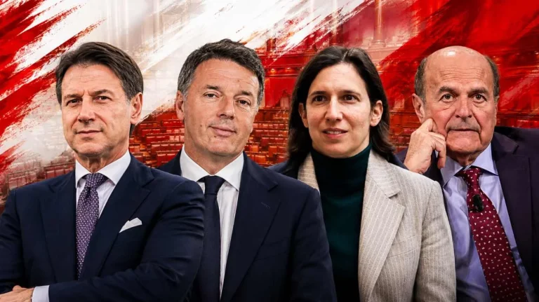 Giuseppe Conte, Matteo Renzi, Elly Schlein e Pierluigi Bersani (Immagine generata con AI) - Tuttonotizie.eu