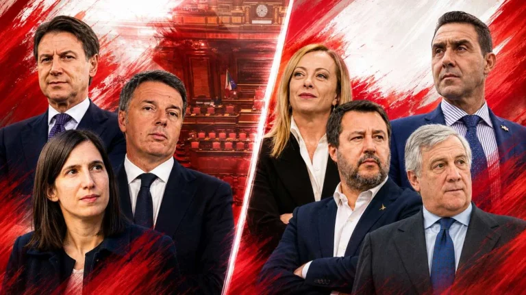 Giuseppe Conte, Matteo Renzi, Elly Schlein, Giorgia Meloni, Matteo Salvini, Antonio Tajani e Roberto Vannacci (Immagine generata con AI) - Tuttonotizie.eu