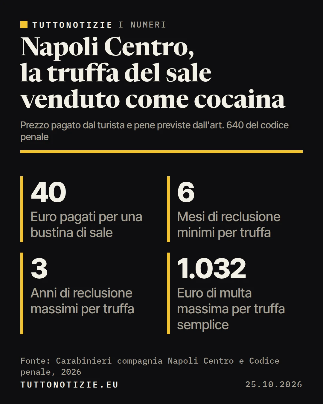 Infografica TuttoNotizie. Napoli Centro, la truffa del sale venduto come cocaina. Euro pagati per una bustina di sale: 40; Mesi di reclusione minimi per truffa: 6; Anni di reclusione massimi per truffa: 3; Euro di multa massima per truffa semplice: 1.032. Fonte: Carabinieri compagnia Napoli Centro e Codice penale, 2026.